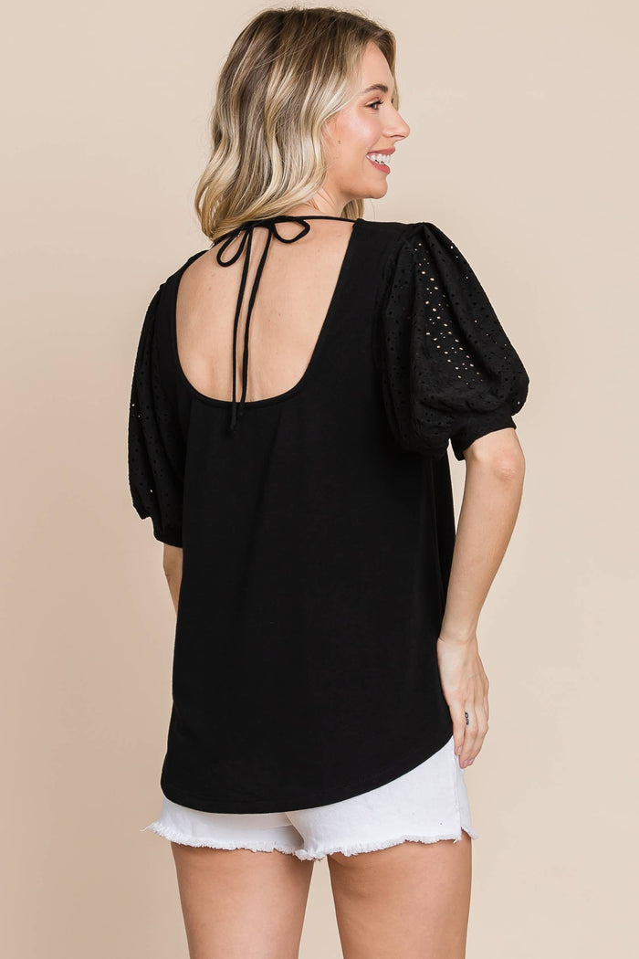 Eyelet Bubble Sleeves Solid Knit Top