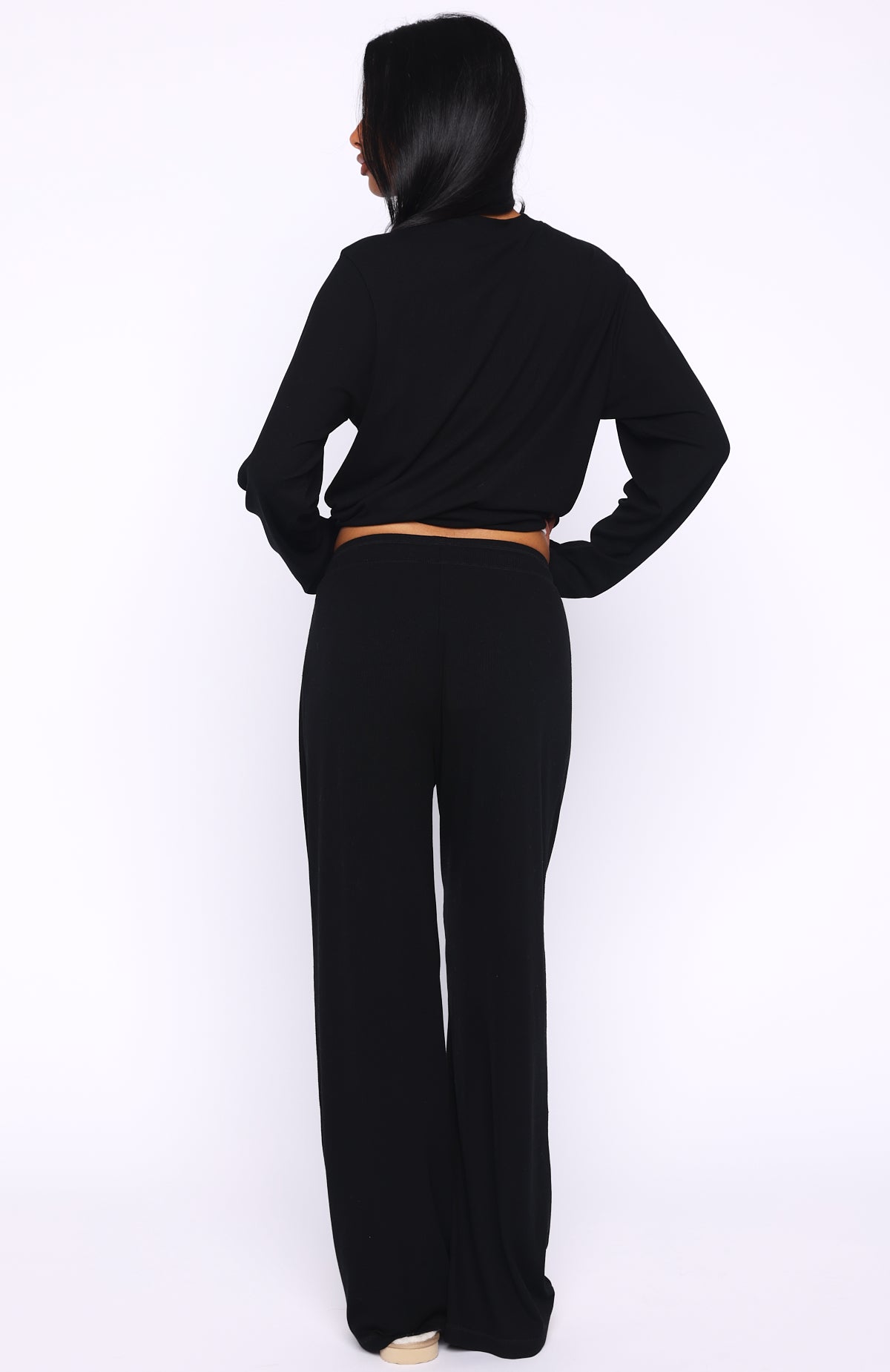 Come A Long Way Soft Lounge Ribbed Wide Leg Pants Black
