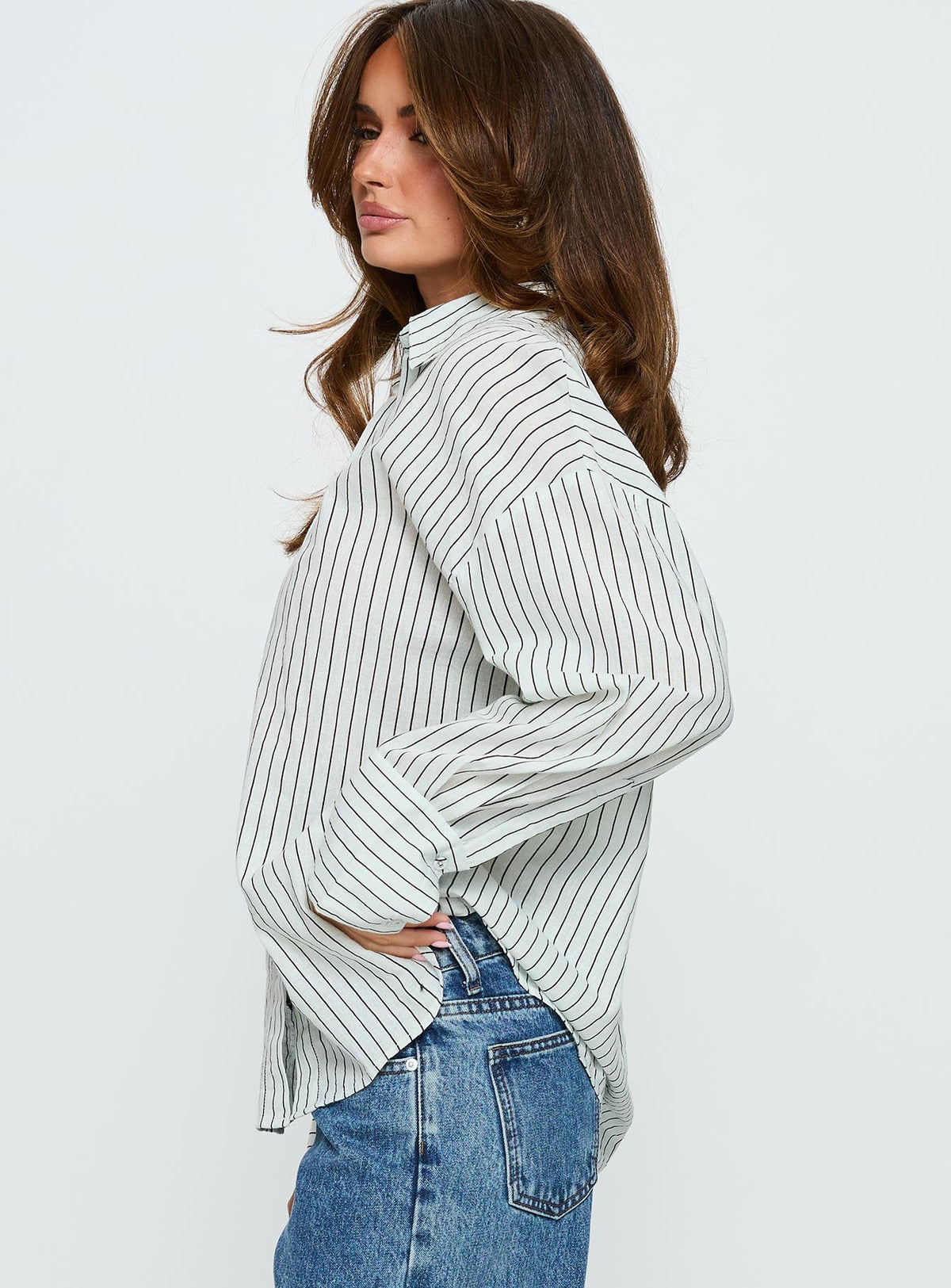 Alexi Long Sleeve Button Down Top Blue / Brown Stripe