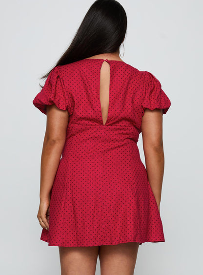 Beloved Puff Sleeve Linen Blend Mini Dress Red Polka Curve
