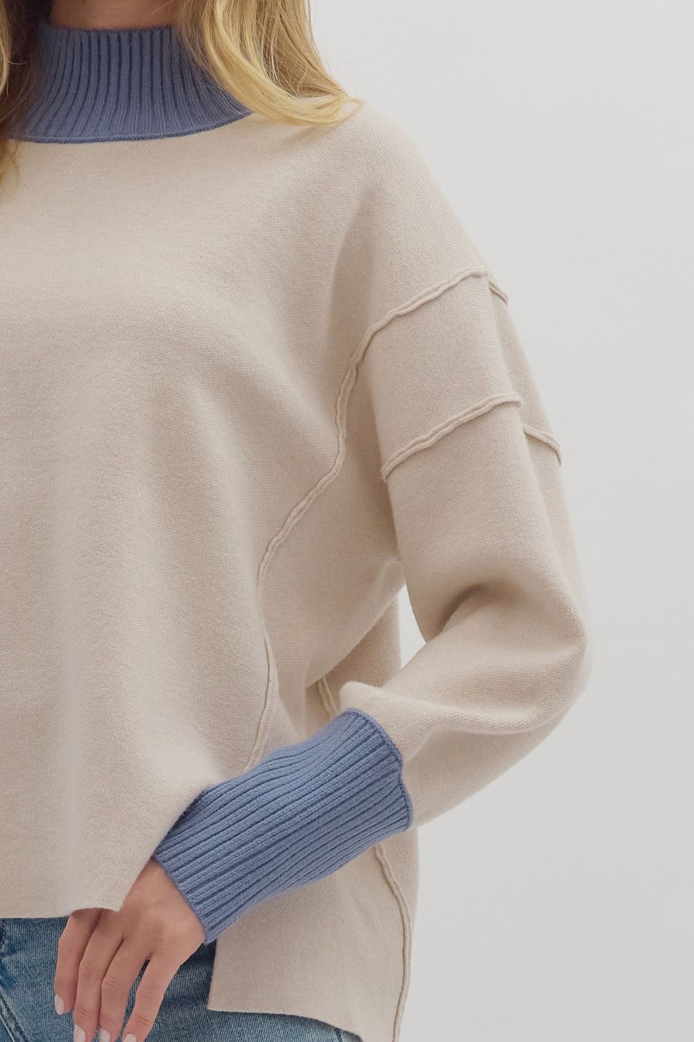 2 tone ecru/light blue sweater