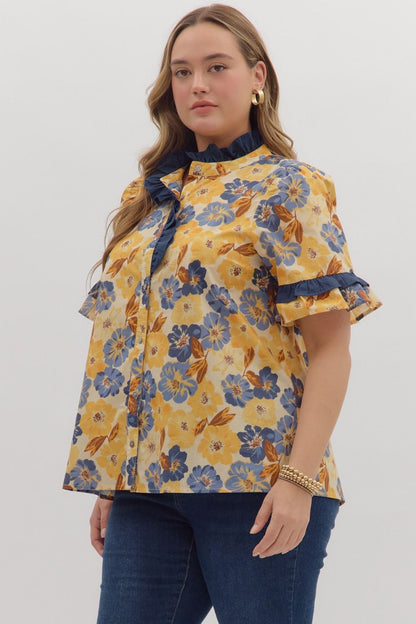Blue and yellow ruffle top