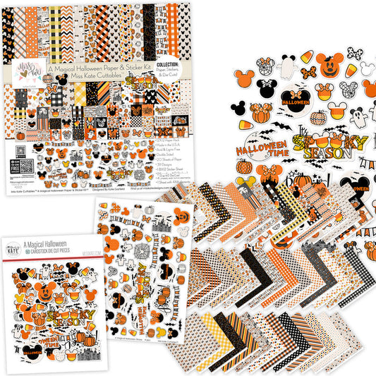 A Magical Halloween Collection, main product image, showing coordinated Paper & Sticker Kit, full-size Die Cuts, and Sticker Sheet for scrapbook layouts, memory albums, cards, journals, and keepsakes. Buyer theme: Coordinated Halloween Scrapbook Collection. A Magical Halloween coordinated scrapbook collection with patterned paper, stickers and die-cut Halloween embellishments. Scrapbook collection, paper and sticker supplies, die cut embellishments, and coordinated memory keeping products