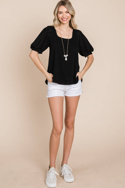 Eyelet Bubble Sleeves Solid Knit Top