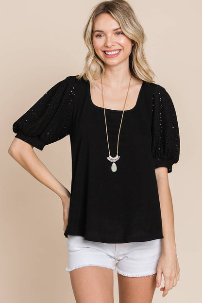 Eyelet Bubble Sleeves Solid Knit Top