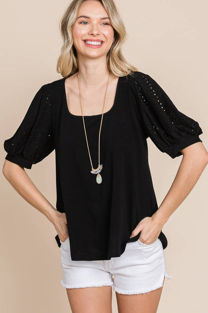 Eyelet Bubble Sleeves Solid Knit Top