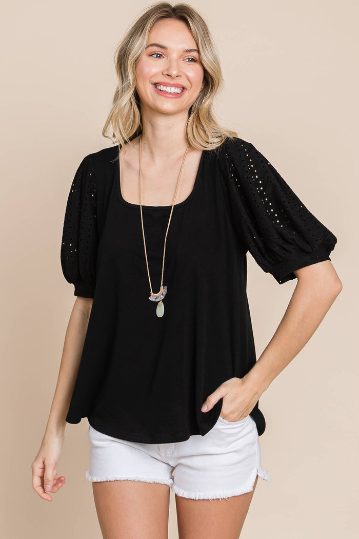 Eyelet Bubble Sleeves Solid Knit Top