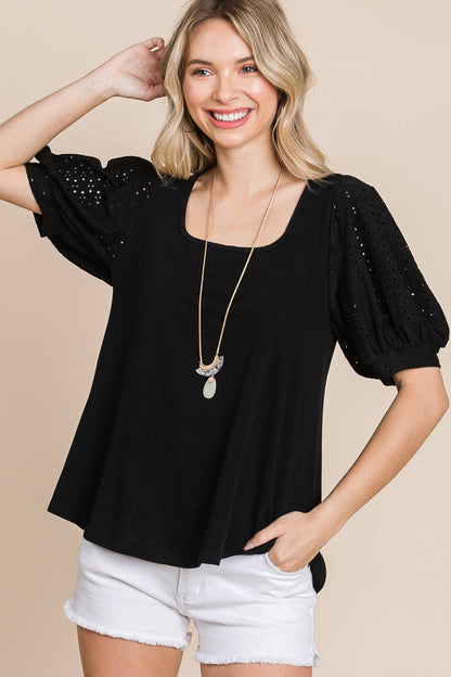 Eyelet Bubble Sleeves Solid Knit Top
