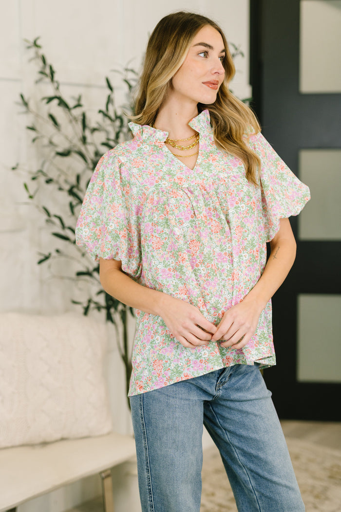 Flower Picking Notch Neck Blouse