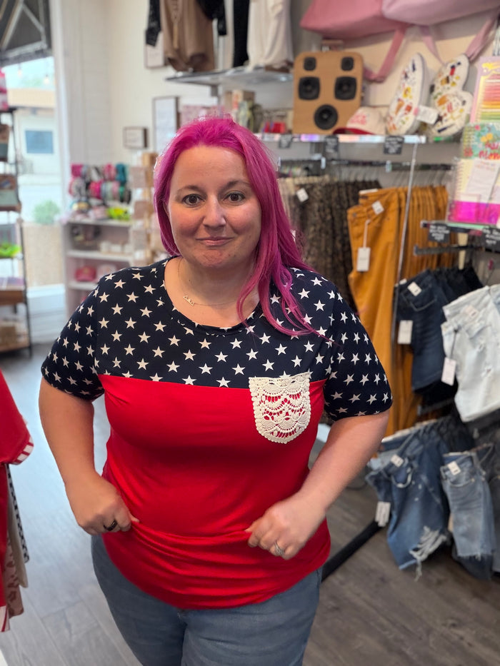Fourth of July-inspired star print contrast top