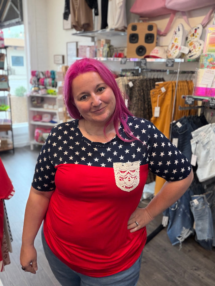 Fourth of July-inspired star print contrast top