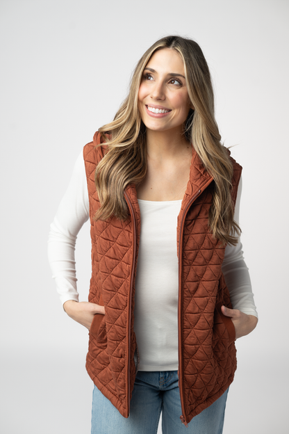 Heather Geometric Hooded Vest - Rust