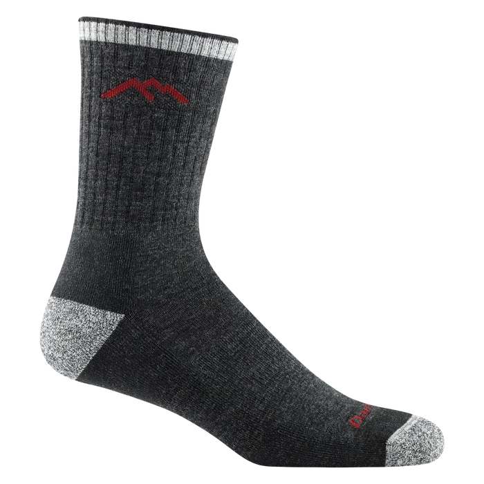 A single dark gray ribbed crew sock with a red mountain logo on the upper calf and a lighter gray toe and heel, shown on a plain white background.