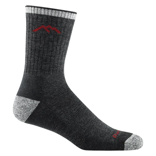 A single dark gray ribbed crew sock with a red mountain logo on the upper calf and a lighter gray toe and heel, shown on a plain white background.