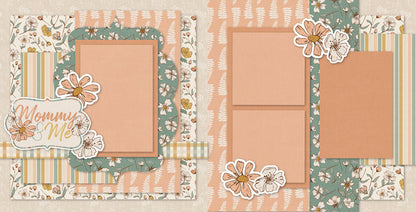 Two-page Mommy & Me 12x12 scrapbook layout featuring soft cream background, peach fern pattern, sage floral pattern, cream floral print, pastel vertical stripes, and mustard gingham. Designed for mother child memories and favorite photos.