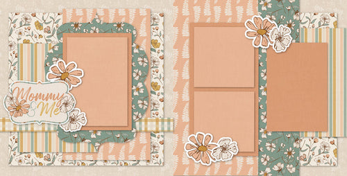 Two-page Mommy & Me 12x12 scrapbook layout featuring soft cream background, peach fern pattern, sage floral pattern, cream floral print, pastel vertical stripes, and mustard gingham. Designed for mother child memories and favorite photos.