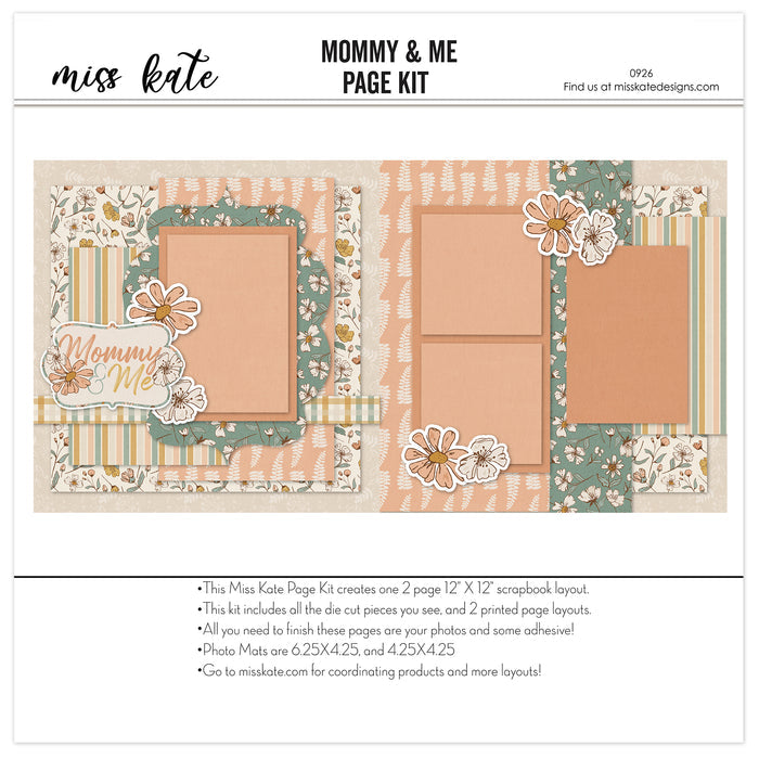 Mommy & Me 12x12 scrapbook page kit cover featuring sage floral pattern, cream floral print, pastel vertical stripes, mustard gingham, peach photo mats, and soft sage accents. A coordinated premade layout for mother child memories and favorite photos.