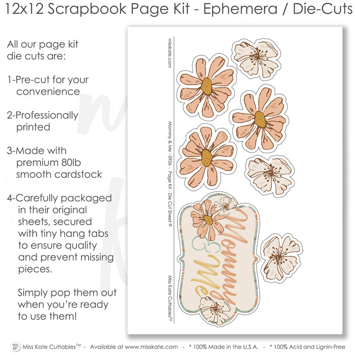 Mommy & Me scrapbook die cuts and ephemera sheet featuring pastel vertical stripes, mustard gingham, peach photo mats, soft sage accents, cream flowers, and peach daisies. Coordinating paper embellishments for mother child memories and favorite photos.
