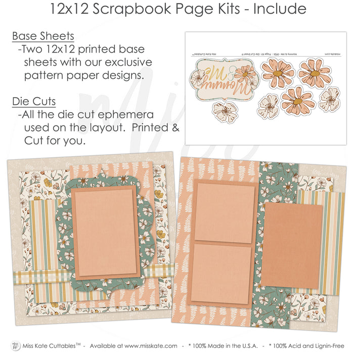 Mommy & Me scrapbook page kit includes two coordinated 12x12 printed base sheets with matching die cuts and embellishments. Designed for mother child memories and favorite photos.