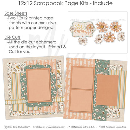 Mommy & Me scrapbook page kit includes two coordinated 12x12 printed base sheets with matching die cuts and embellishments. Designed for mother child memories and favorite photos.