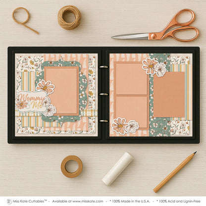Mommy & Me scrapbook page kit shown in a memory album binder mockup with the finished two-page layout. A coordinated way to preserve mother child memories and favorite photos.