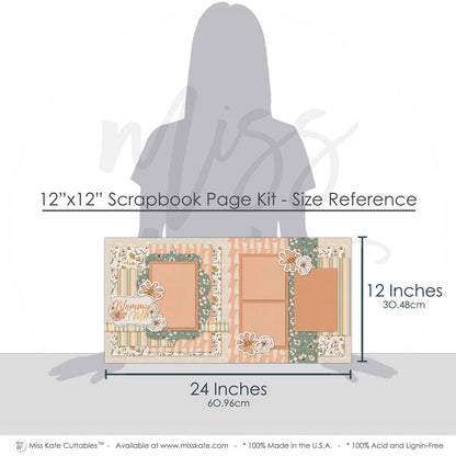 Mommy & Me 12x12 scrapbook page kit size reference image showing the scale of the coordinated two-page layout, printed papers, and embellishments for mother child memories and favorite photos.