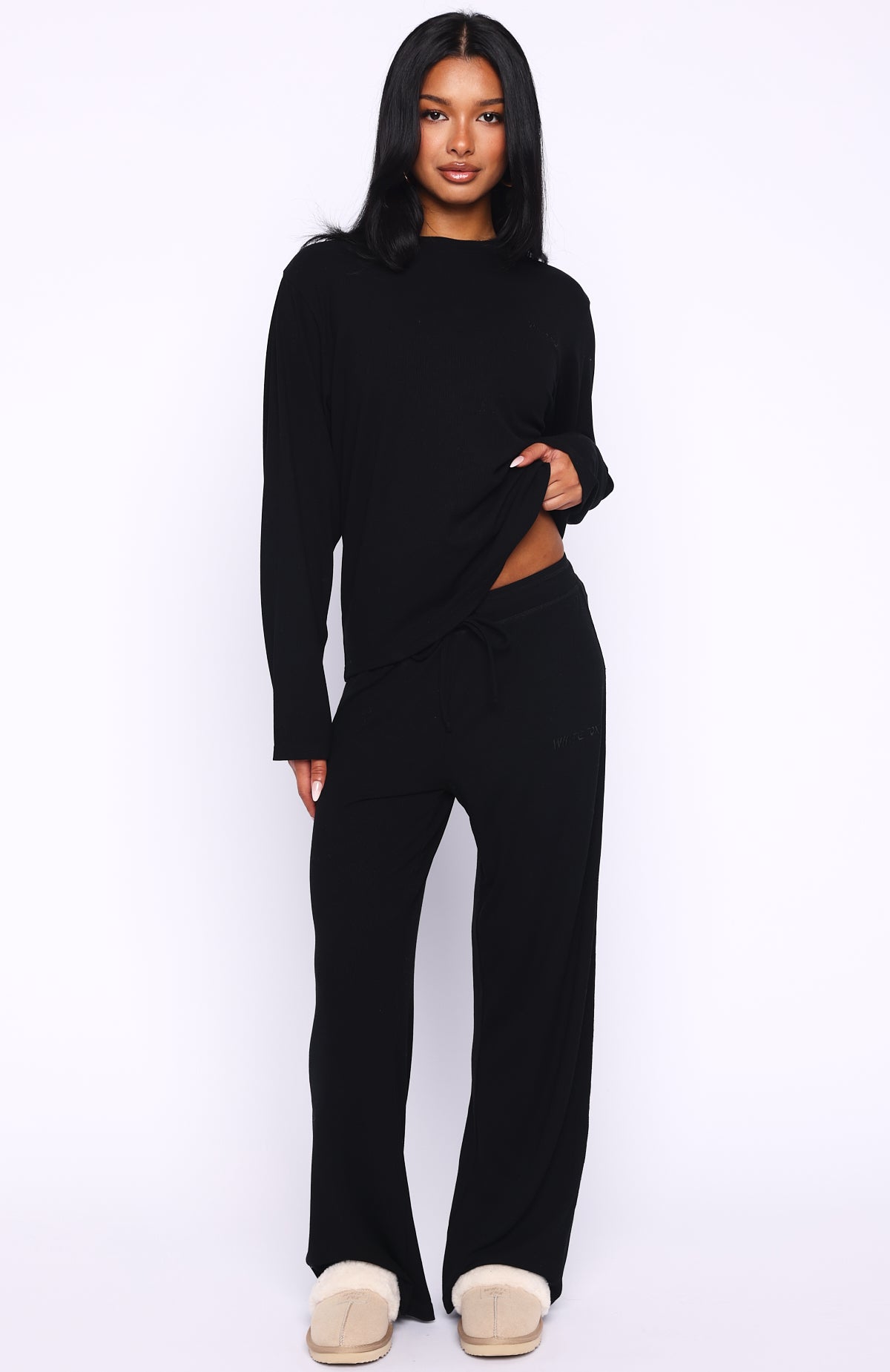 Come A Long Way Soft Lounge Ribbed Wide Leg Pants Black